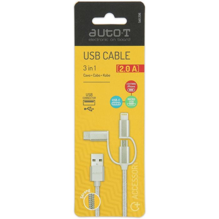 Cable 3 en 1 - AUTO T - 540206 - Micro-USB - Apple - USB-C 3