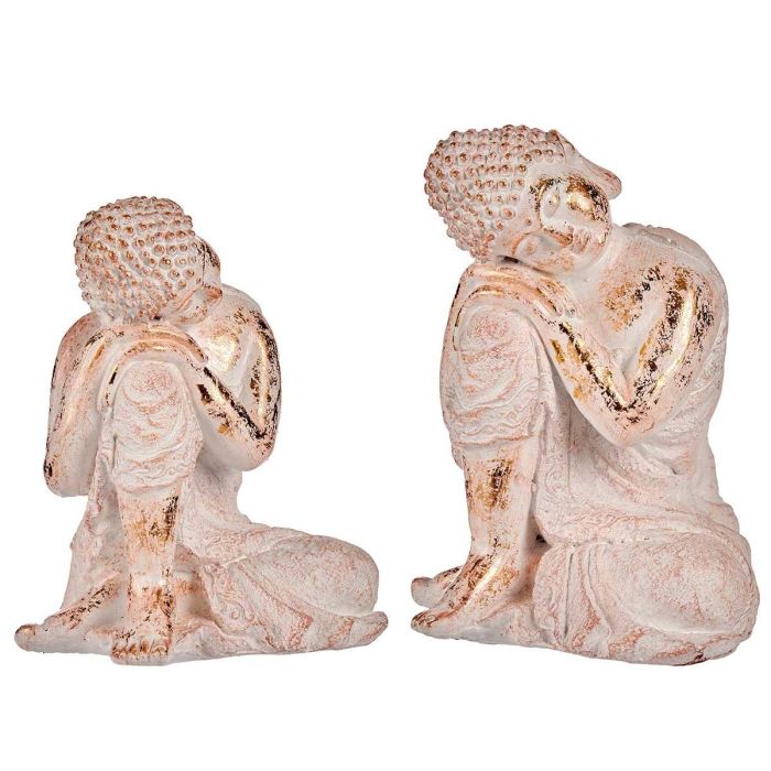 Ibergarden Buda Poliresina Sentado Cabeza Lado Izquierdo Blanco y Oro 23x33x26cm (Set de 2)
