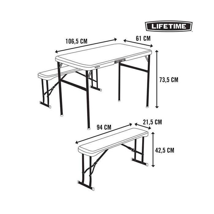 Conjunto de mesa (106x61x74 cm) y dos bancos (94x22x42 cm)plegables con asas incorporadas para 4 personas 6 Conjunto de mesa (106x61x74 cm) y dos bancos (94x22x42 cm)plegables con asas incorporadas para 4 personas 6