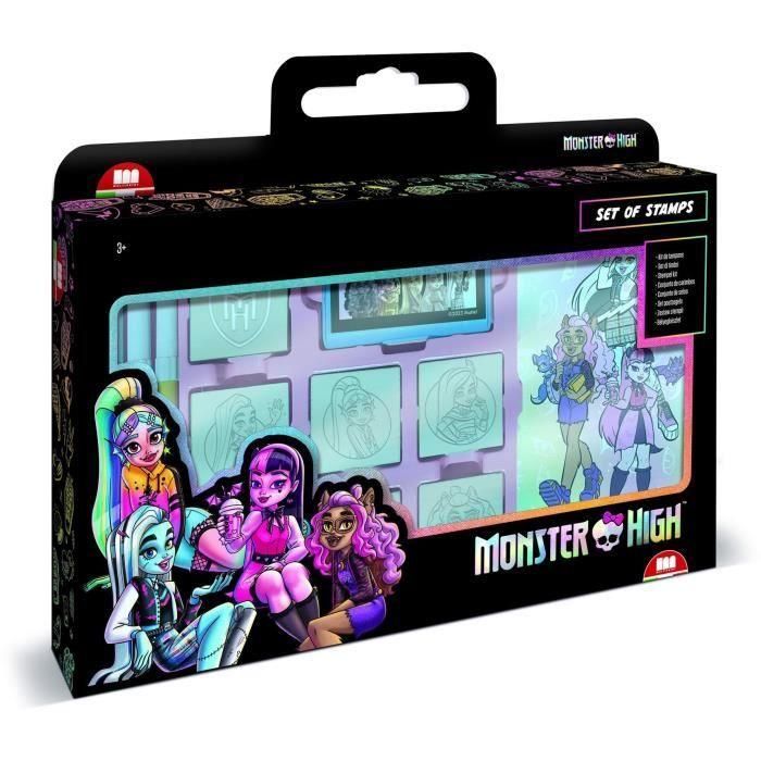 Caja para sellos - MULTIPRINT - 7869 - Monster High - 7 sellos de madera y látex, rotuladores Giotto, álbum para colorear