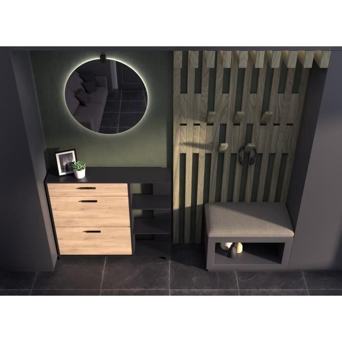 DEMEYERE Zapatero COBBLER - 12 pares - Decoración en roble - 2 solapas + 1 cajón + 3 nichos - L120 x P24,4 x H104,3 cm 1 DEMEYERE Zapatero COBBLER - 12 pares - Decoración en roble - 2 solapas + 1 cajón + 3 nichos - L120 x P24,4 x H104,3 cm 1