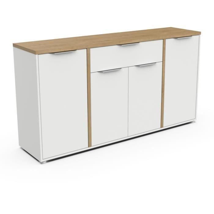 Aparador ACCESS - 4 puertas + 1 cajón - decoración roble Hamilton y blanco - L 160,7 x P 39,6 x H 85,6 cm - DEMEYERE