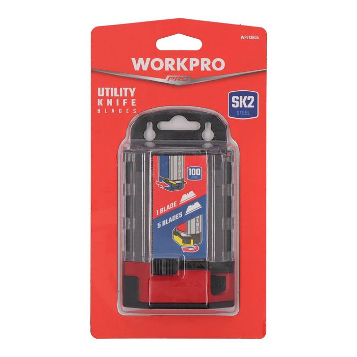 Workpro Cuchillas trapezoidales 100 unidades SK2, tratamiento térmico, compatibles con mayoría de cúter plegables, para cartón y plástico, incluye dos dispensadores 2