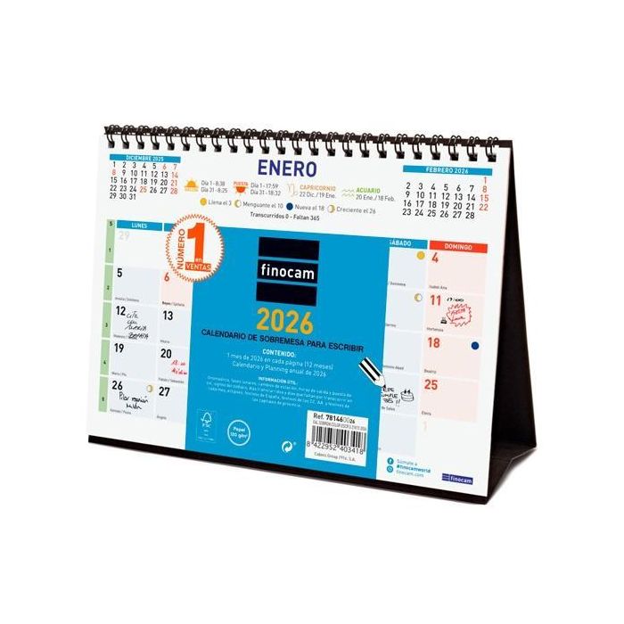 Finocam Calendario de Sobremesa S-210x150 mm para Escribir MV Color 2026 – Planificador Anual para Hogar y Oficina