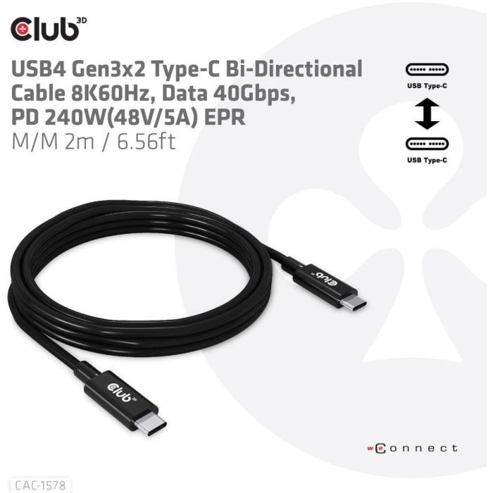 Club3D Kabel USB 4 Typ C PD 240W / 8K / 40Gbps 2m St/St 1 Club3D Kabel USB 4 Typ C PD 240W / 8K / 40Gbps 2m St/St 1