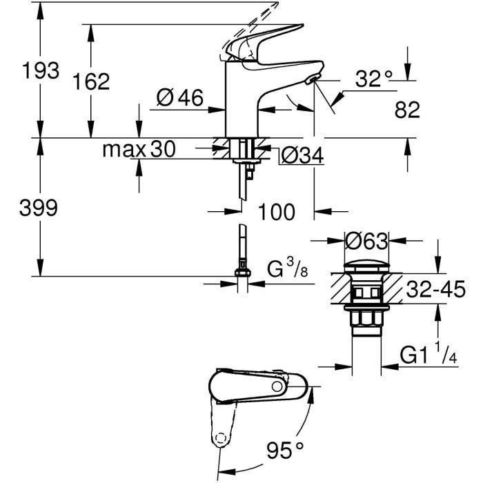 Mezclador monomando de lavabo - GROHE Swift - 24323001 - Cromo - Talla S - Apertura para agua fría - Ahorro de agua - Desagüe click-clack 3