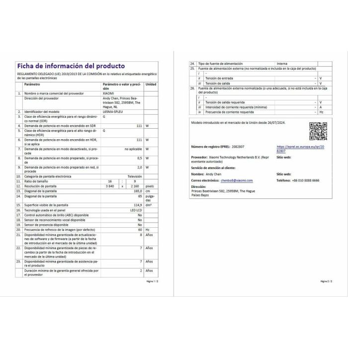 Xiaomi TV S Mini LED 65 2025 165,1 cm (65") 4K Ultra HD Smart TV Wifi Negro 1200 cd / m² 3