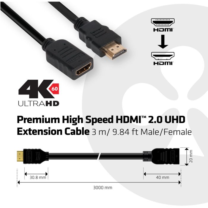 Club3D Cable Extensión HDMI 2.0 4K60Hz Macho/Hembra 3 Metros Premium High Speed 3 Club3D Cable Extensión HDMI 2.0 4K60Hz Macho/Hembra 3 Metros Premium High Speed 3