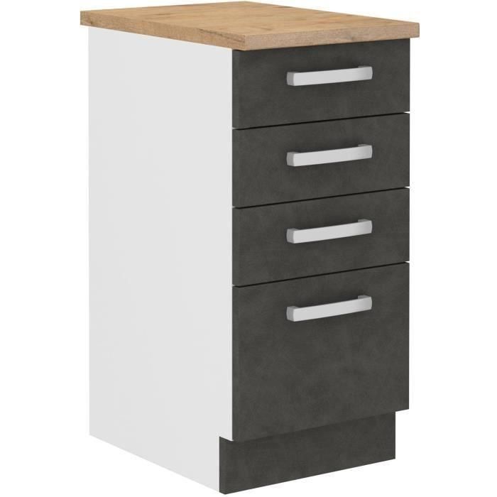 LASSEN Armario bajo 4 cajones con encimera Gris mate - L 40 x P 51,6 x H 85 cm - Mueble cocina/baño