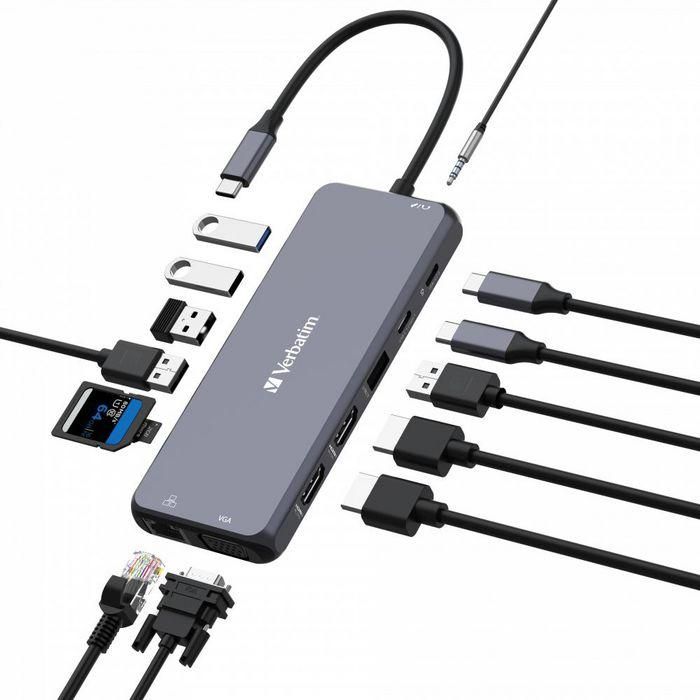 Verbatim 2 x HDMI, 4K60Hz, 4K30Hz, 1 x VGA, 1080p, 1 x RJ45, 1Gb/s, 3 x USB-A 3.2 Gen1, 5Gb/s, 1 x USB-C 3.2 Gen1, 5Gb/s, 2 x USB-A 2.0, 1 x Audio jack, 1 x SD 3.0, 1 x microSD 3.0, 1 x USB-C PD, 40mm x 55.4mm x 15mm 2 Verbatim 2 x HDMI, 4K60Hz, 4K30Hz, 1 x VGA, 1080p, 1 x RJ45, 1Gb/s, 3 x USB-A 3.2 Gen1, 5Gb/s, 1 x USB-C 3.2 Gen1, 5Gb/s, 2 x USB-A 2.0, 1 x Audio jack, 1 x SD 3.0, 1 x microSD 3.0, 1 x USB-C PD, 40mm x 55.4mm x 15mm 2