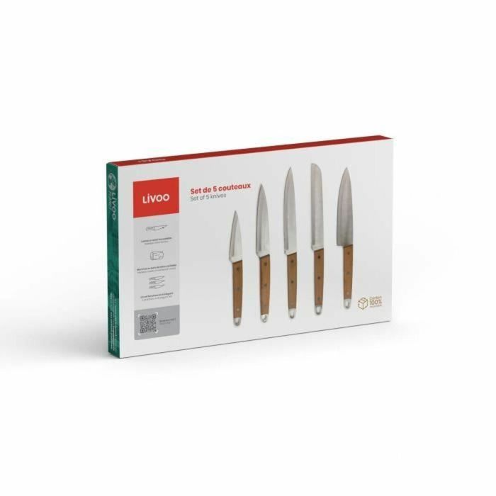 Juego de 5 cuchillos - LIVOO - MEC129 - Cuchillos: chef, pan, cocina, rebanador y mondador - Acero inoxidable - Mango de haya 1 Juego de 5 cuchillos - LIVOO - MEC129 - Cuchillos: chef, pan, cocina, rebanador y mondador - Acero inoxidable - Mango de haya 1