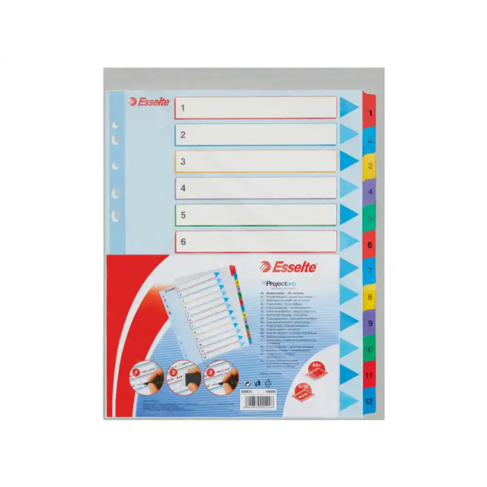 Indice Esselte Cartulina Mylar Borrable Numerico A4+ Pestañas 1-12 11 Taladros 6