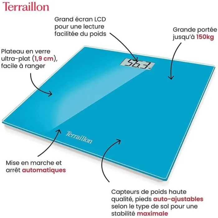 Terraillon TX 1500 Báscula de Baño - Pantalla LCD de Vidrio Ultraplano, Azul, Capacidad 150 kg 2