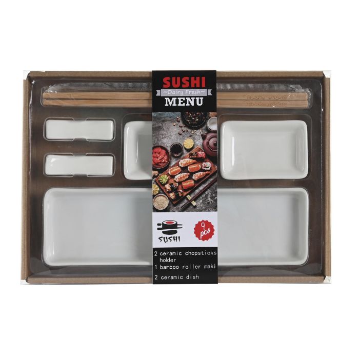 DKD Home Decor Set de 7 Piezas Sushi Oriental Blanco Natural Gres Bambú 24 x 7 x 2 cm 3