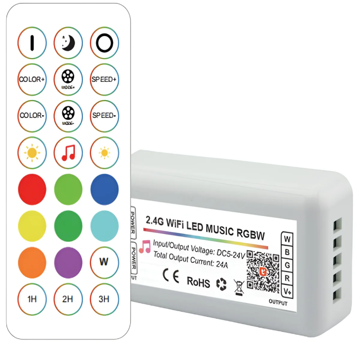 Tuya Controlador LED Wifi 2.4G RF RGBW 24 Teclas [HLP-YS-WiFi-RF24-04] Control por App y Voz 16 Millones de Colores Ajuste Brillo Velocidad