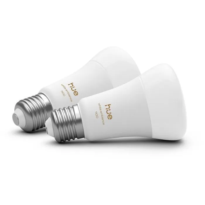 Philips Hue Pack de 2 Bombillas LED A60 Conectadas, Casquillo E27, 8.1W, Luz Blanca Cálida 1000-2000K, 1100 Lúmenes - AABUO37061
