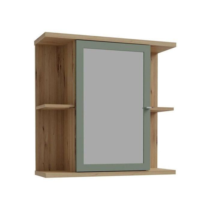 Forte CMPV063M888 Armario Mural de Baño - Roble Artesanal y Verde Salvia con Espejo, 1 Puerta - 69,9 x 23,2 x 68,8 cm