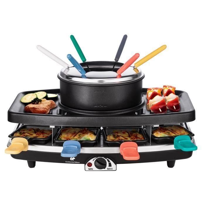 Continental Edison Raclette y Fondue FD12881 para 8 Personas con Parrilla 3 en 1 - 1100W, Negro
