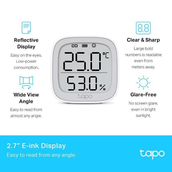 TP-Link Tapo Monitor de Temperatura y Humedad Inteligente con Pantalla E-Ink 2.7", Alta Precisión ±0.3°C ±3%HR, Notificaciones App y Almacenamiento Datos 4