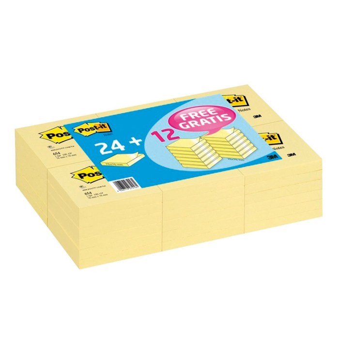Post-it Bloc de Notas Adhesivas Quita y Pon 76x76 mm Pack Promocional 24+12 Unidades Color Amarillo 1