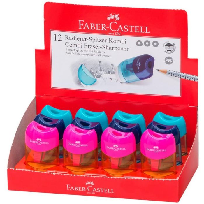 FABER-CASTELL 183604 Sacapuntas manual Mini con Borrador, Colores Surtidos - Caja Expositor