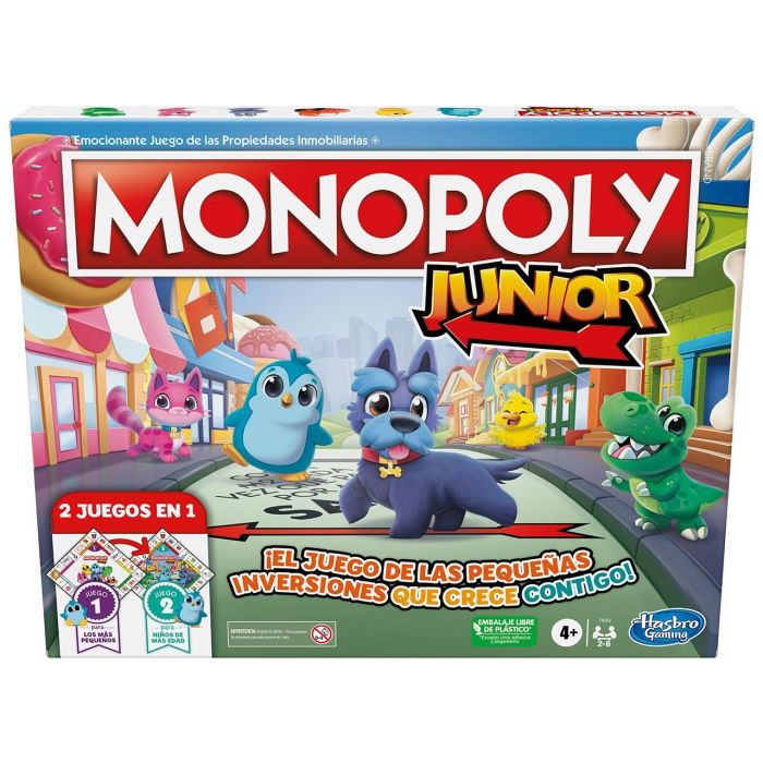 Hasbro Gaming F8562 Monopoly Junior 2 Juegos en 1 - Juego de Mesa Educativo Bilingüe con Tablero Reversible: Contar, Leer y Sumar para Niños +4 años 1