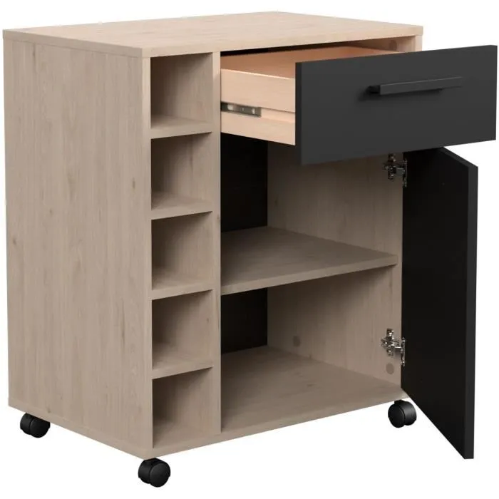Parisot Carrito de Servicio STUDIO803356 1 Puerta 1 Cajón 5 Compartimentos Botellas Roble / Negro Mate 60 x 40,3 x 71 cm 3