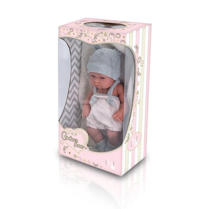 Tachan Bebé 30 cm con Conjunto de Punto Azul: Gorrito, Peto y Botitas. Facciones Realistas. Calidad Exquisita.