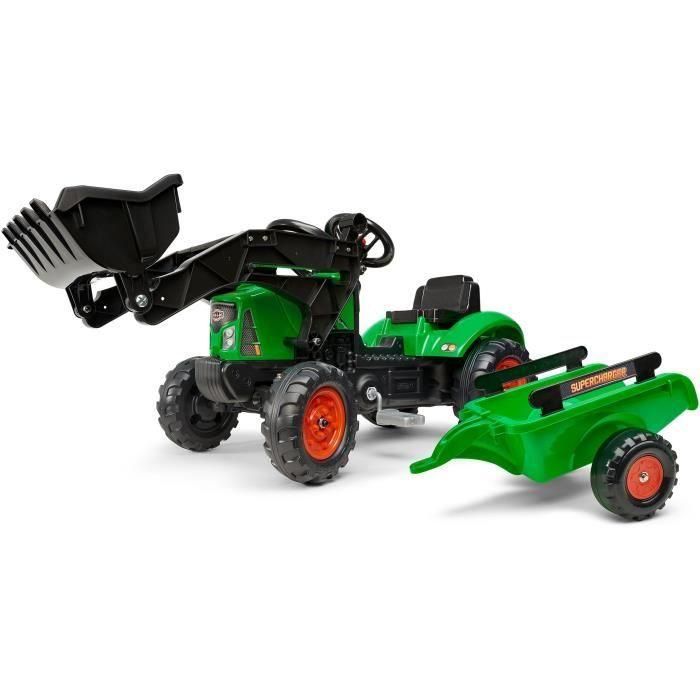 FALK - Retroexcavadora con pedal Supercharger verde con capota de apertura y remolque incluidos FALK - Retroexcavadora con pedal Supercharger verde con capota de apertura y remolque incluidos