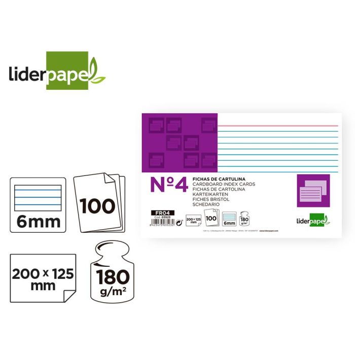 Ficha Liderpapel Rayada Nº4 125x200 mm 180 gr-M2 Paquete De 100 Unidades 2