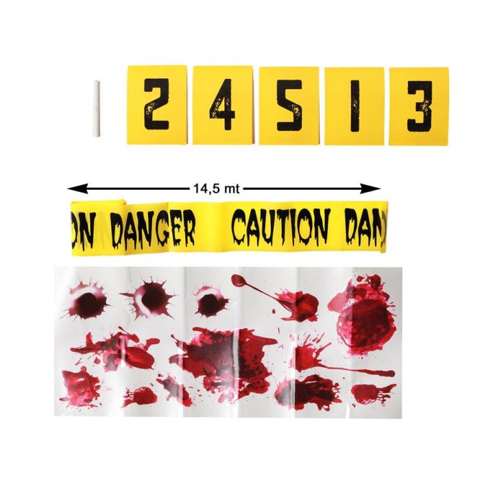 Kit Escena de Crimen Halloween 8 Piezas - Incluye Cinta Caution, Marcadores y Manchas de Sangre para Decoración 1 Kit Escena de Crimen Halloween 8 Piezas - Incluye Cinta Caution, Marcadores y Manchas de Sangre para Decoración 1