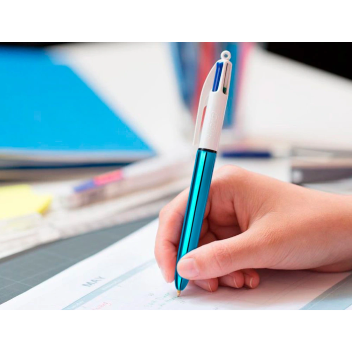 Bic Bolígrafo 4 Colores Shine Silver Cuerpo Blanco-Azul Metálico Caja 12 Unidades 5