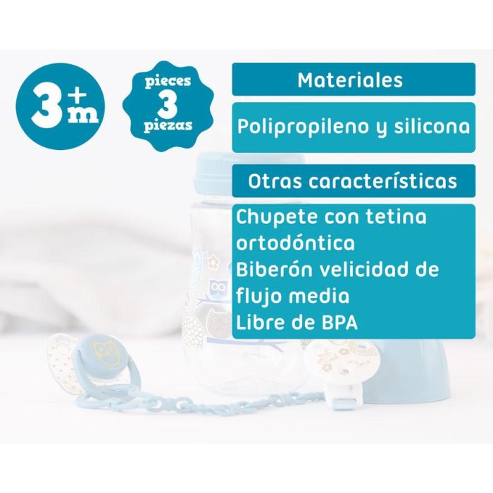 KioKids Set Biberón 250 mL, Chupete y Pinza Azul - Tetina Silicona Ortodóntica Anticólico para Bebés +6 Meses 4