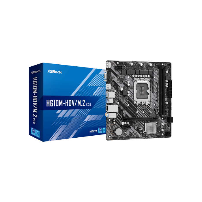 Asrock H610M-HDV/M.2 R2.0 Intel H610 LGA 1700 micro ATX Asrock H610M-HDV/M.2 R2.0 Intel H610 LGA 1700 micro ATX
