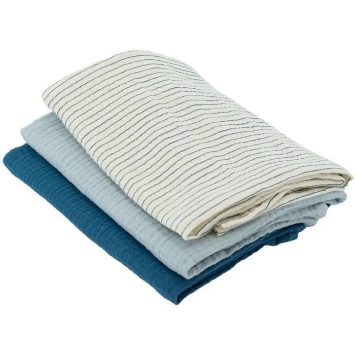 Set de 3 Arrullos de Bambú - DOMIVA - 1 Estampado + 2 Liso - Azul Índigo - 60x60 cm