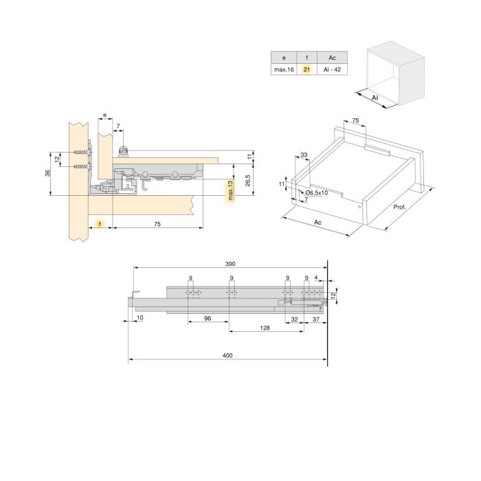 Emuca Juego de guías ocultas para cajones Silver, de extracción total, con cierre suave y enganche, profundidad 390mm, Acero, Cincado 7