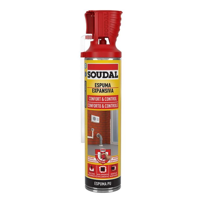 Soudal Espuma Poliuretano Confort & Control Genius 600 ml - Gatillo Patentado, Reutilizable hasta 6 Semanas, Aislante Térmico y Acústico