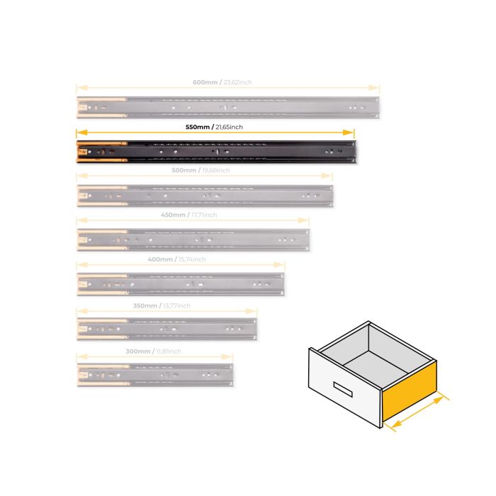 Emuca Lote de 5 juegos de guías para cajones, de bolas, altura 45mm, profundidad 550mm, extracción total, cierre suave, Negro 9