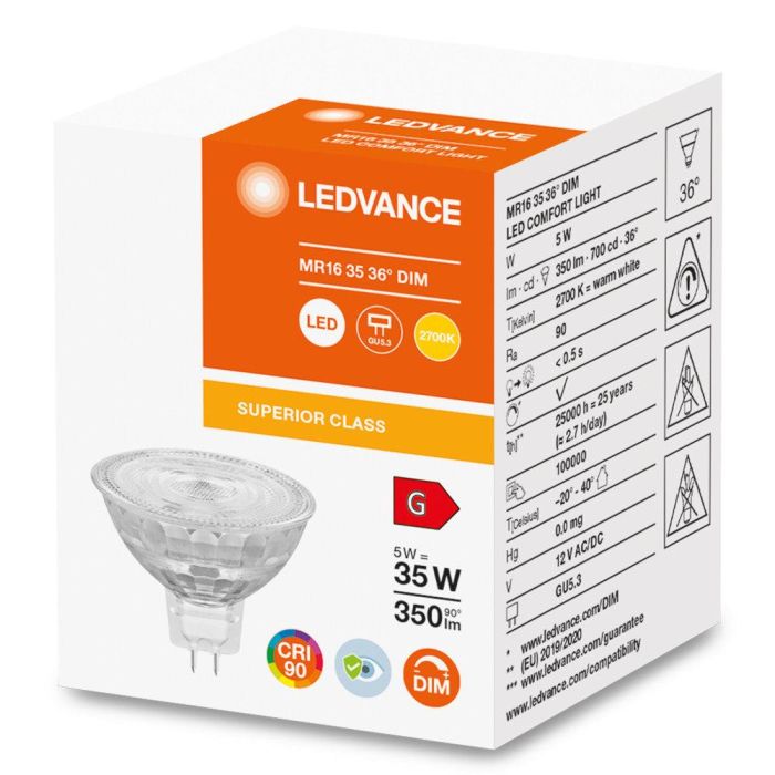 [LVE-4058075757684] Ledvance/Osram Bombilla LED Spot GU5,3 5W 350Lm 2700K 36º IP20 Regulable 1