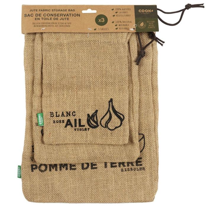 Cook Concept Juego de 3 Bolsas Conservación Yute para Patatas Cebollas Ajos Reutilizables 0 Cook Concept Juego de 3 Bolsas Conservación Yute para Patatas Cebollas Ajos Reutilizables 0