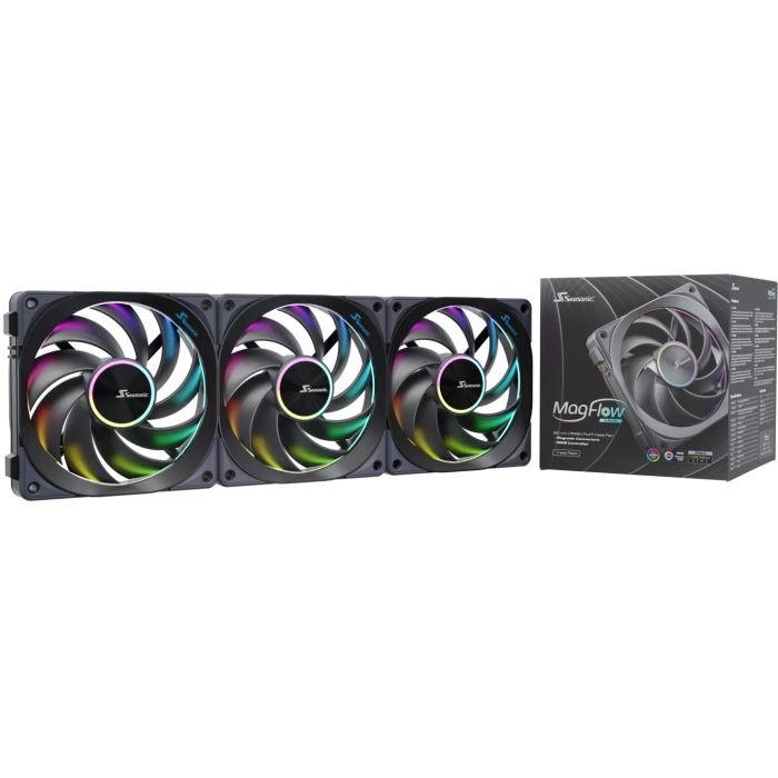 Seasonic MagFlow 1225PWM ARGB Kit de 3 Ventiladores de 120mm para Carcasa PC, 2000 RPM, Rodamiento FDB, Negro