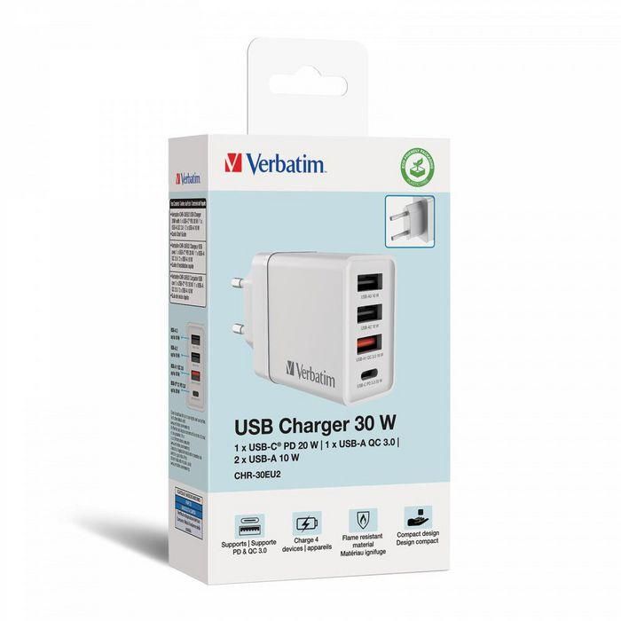 Verbatim Cargador de Pared Gan 30W con 1x USB-C PD y 3x USB-A QC 3.0/10W 9
