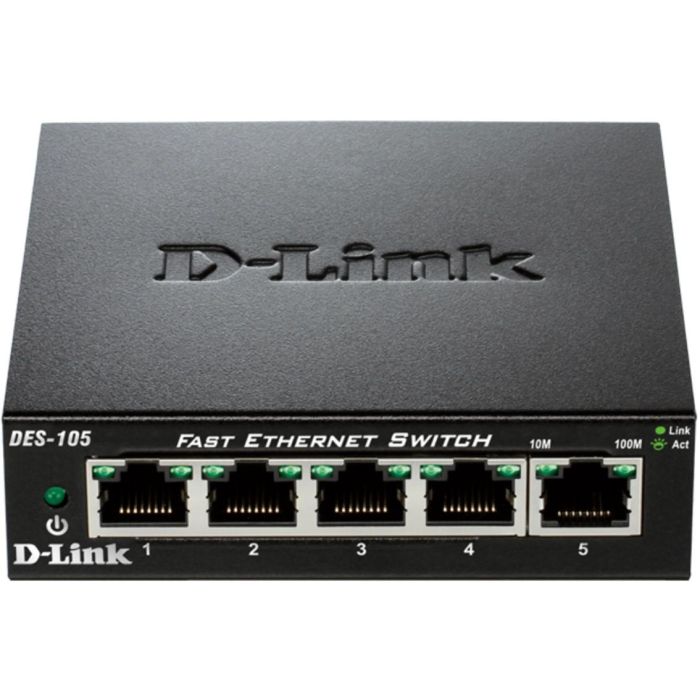 D-Link DES-105 Switch Conmutador de Red 5 Puertos Fast Ethernet 10/100 Mbps RJ-45 Plug & Play, Silencioso con Carcasa Metálica y QoS