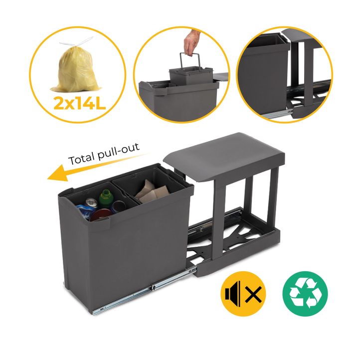 Emuca Contenedores de reciclaje para cocina, 2 x 14L, fijación inferior y extracción automática, Acero y Plástico, Gris antracita 8 Emuca Contenedores de reciclaje para cocina, 2 x 14L, fijación inferior y extracción automática, Acero y Plástico, Gris antracita 8