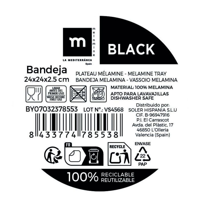 Bandeja Melamina Black 24x24x2.5 cm La Mediterrane - Inde (12 Unidades) 1 Bandeja Melamina Black 24x24x2.5 cm La Mediterrane - Inde (12 Unidades) 1
