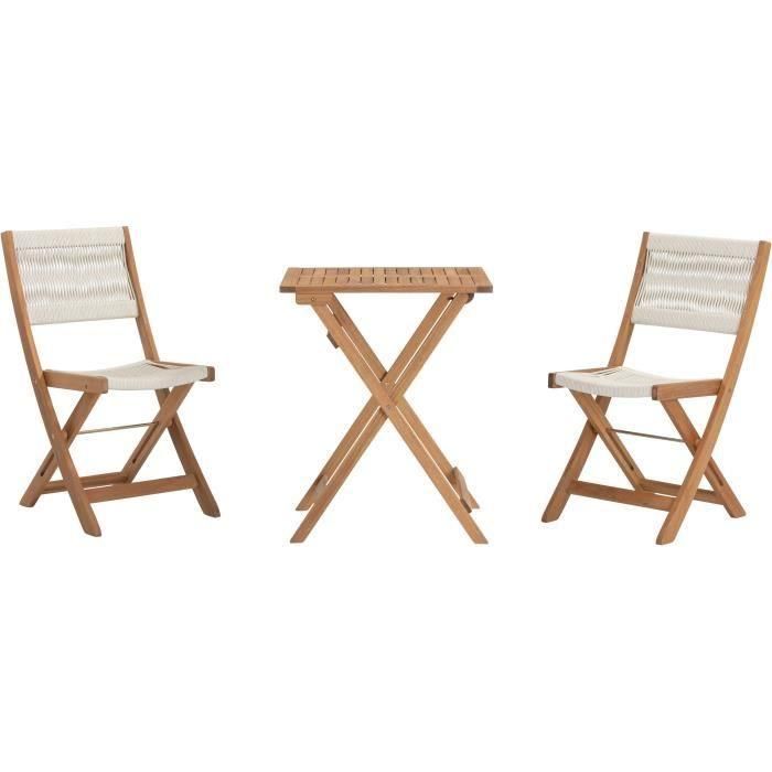 Conjunto de bistró plegable de madera de acacia FSC con tejido de cuerda beige - 2 personas - MAKENA Conjunto de bistró plegable de madera de acacia FSC con tejido de cuerda beige - 2 personas - MAKENA