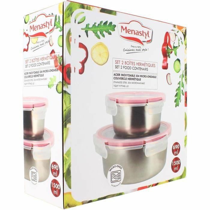 Menastyl 5040178 Juego 2 recipientes herméticos con tapa, acero inoxidable, redondos, 15 y 20 cm, apto microondas 3