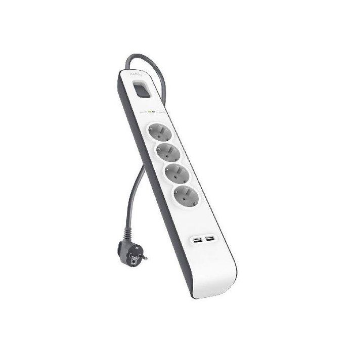 Belkin Regleta de Protección Contra Sobretensiones con 4 Tomas y 2 Puertos USB, Cable de 2 Metros, Blanco-Gris
