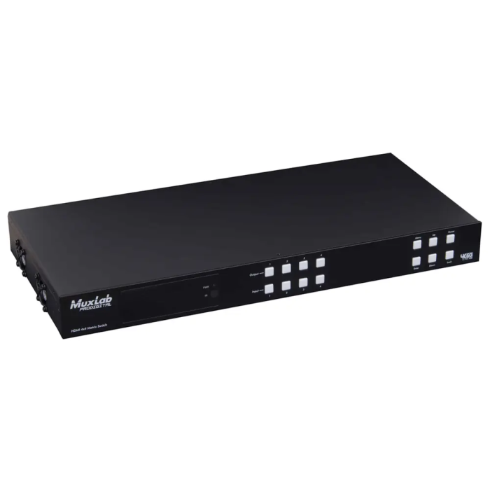 MUXLAB Matriz HDMI 4x4 HDBT POC 4K/60Hz con 4 Salidas HDMI y 4 Salidas HDBaseT, Transmisión hasta 150m, RS232, LAN 1