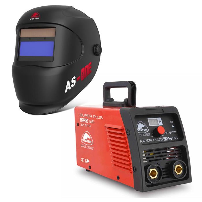 Stayer Super plus 200 b - Equipo Soldador Arco Eléctrico 200A Profesional con Máscara AS-ONE (91x41mm, Filtro Automático, Solar)